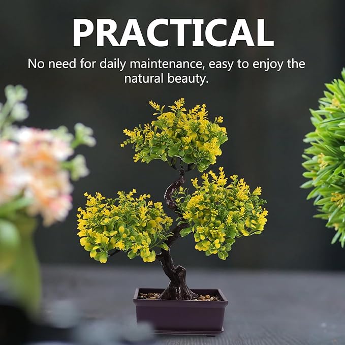Cabilock Artificial Bonsai Tree, Fake Potted Bonsai Plants Decoration, Simulation Faux Plants Decor, Desktop Realistic Welcoming Pine Ornament for Home Office Entryway Chests Decor, Yellow