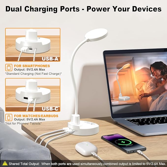 15W LED Desk Lamp with USB Charging Ports – Dimmable Table Lamp with 3 Color Temps, 5 Brightness, 4 Timers, Flexible Gooseneck Light with Base, Eye-Caring Reading Light for Home Office, Bedroom, Study