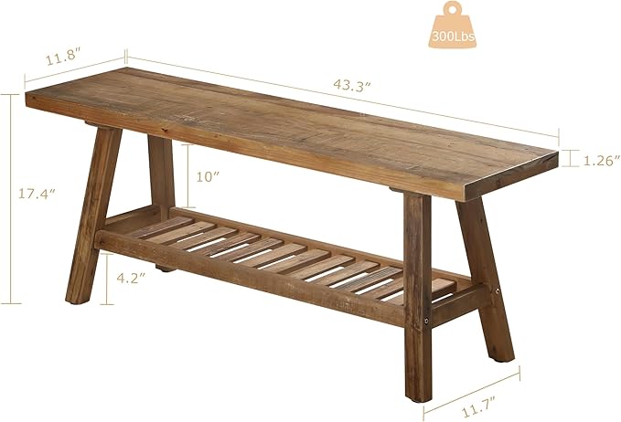 Reclaimed Solid Wood Bench-43.3" Farmhouse Entryway Bench with Storage Shelf, Narrow Rustic Bench for Hallway, Kitchen, Bedroom, Dining