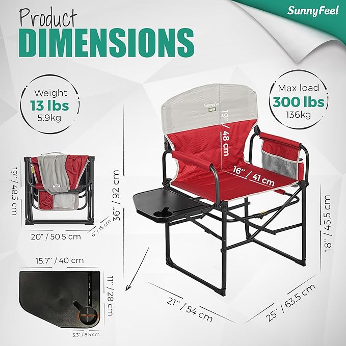 SUNNYFEEL Camping Directors Chair, Heavy Duty,Oversized Portable Folding Chair with Side Table, Pocket for Beach, Fishing,Trip,Picnic,Lawn,Concert Outdoor Foldable Camp Chairs