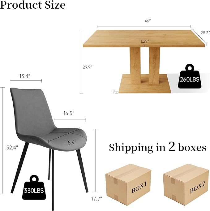 Dining Table Set for 4-6 People, 46 Inch Modern MDF Oak Kitchen Table with 4 Faux Leather Chairs, Rectangular Dining Room Table Set for Home, Small Spaces, Breakfast Nook (Oak Table + 4 Grey Chairs)