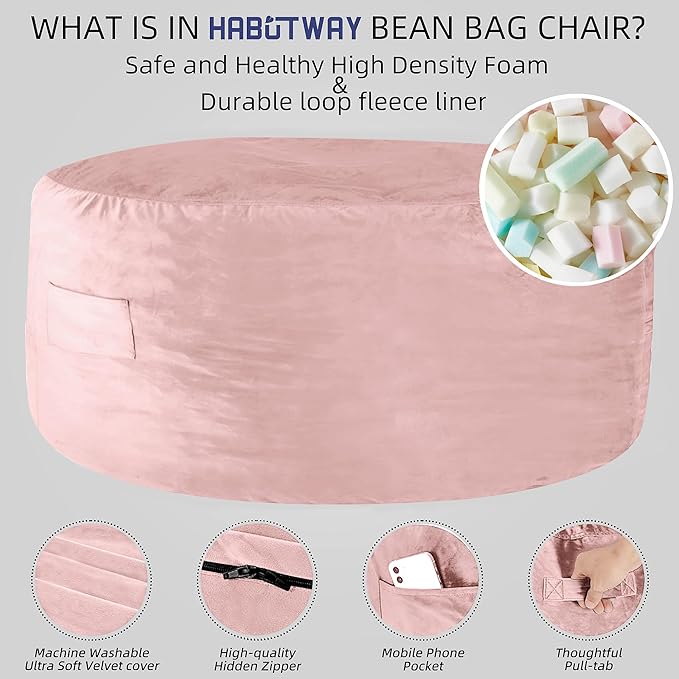 HABUTWAY Bean Bag Chair: Giant 5' Memory Foam Furniture Bean Bag Chairs for Adults with Microfiber Cover 5Ft (Pink)