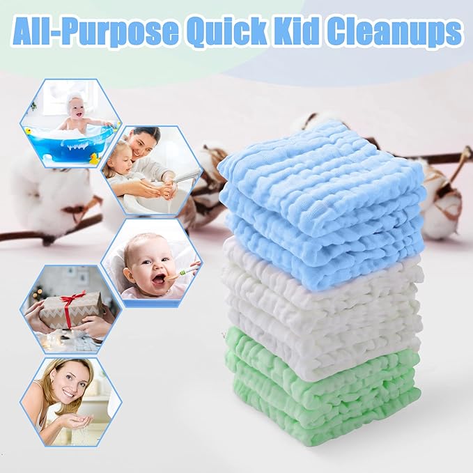 MUKIN Muslin Washcloths - Soft Face Cloths for Newborn, Absorbent Bath Face Towels, Wipes, Burp Cloths, Baby Registry as Shower. Pack of 10 (Green,Blue,White)