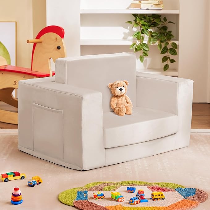 Kids Couch, 2-in-1 Toddler Chair Comfy 1-3 Years, Convertible Kids Chair, Toddler Couch That Fold Out, Kid Lounge Chairs for Boys and Girls, Soft Coral Fleece, Beige