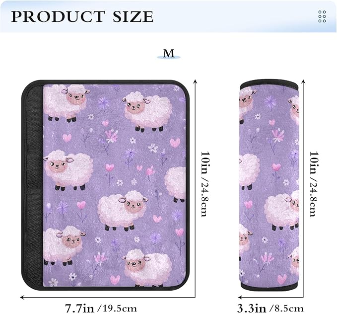 2 Pack Seatbelt Covers Seat Belt Cover Pad for Adults Boys Girls Car Seat Strap Covers Pads Cushion Universal Shoulder Strap Pad Protector for Backpack Camera Bag 10x7.7Inch Purple Cute Floral Sheep