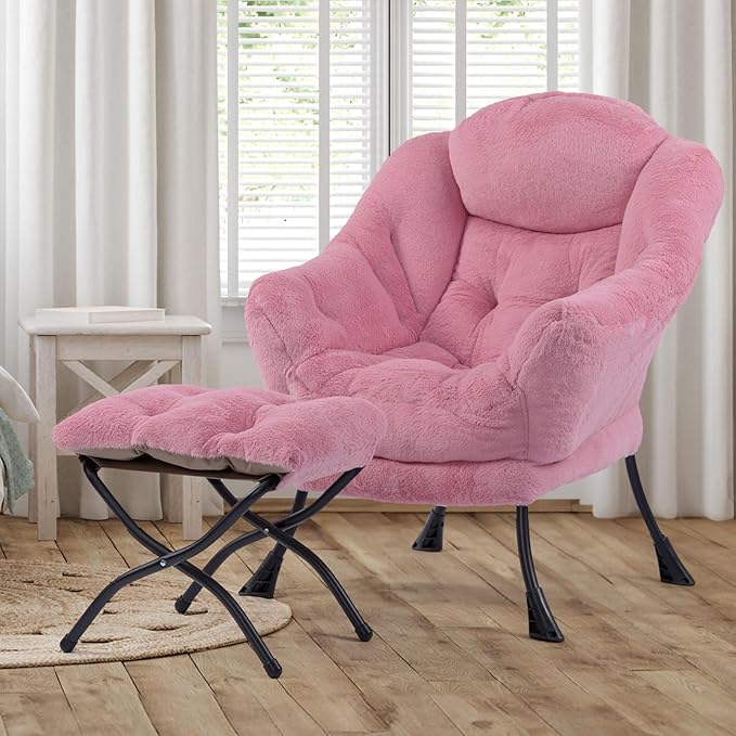 HollyHOME Fabric Lazy Chair with Foldable Ottoman, Accent Comfy Lounge Arm Chair and Folding Footrest Stool Set, Leisure Sofa Reading Chair and Footstool for Living Room, Bedroom, Dorm, Pink