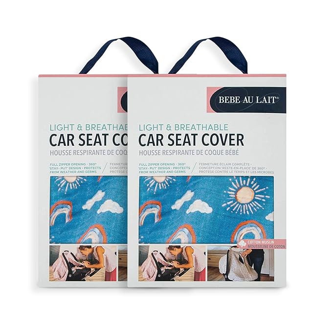 Bebe au Lait Classic Muslin Car Seat Cover -Perfect Baby Car Seat Covers for Babies, Car Seat Canopy, Unisex Baby Car Seat Cover- Easy Snap Straps, Fully Zippered Opening, Breathable- Hello Sunshine