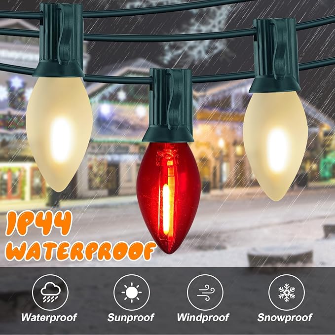 C7 LED Red and Frosted White Christmas Lights 25FT Outdoor Christmas Decorations String Lights with 27 Shatterproof LED Bulbs, Hanging Vintage Christmas Light for Outdoor Garden Wedding Roofline Patio