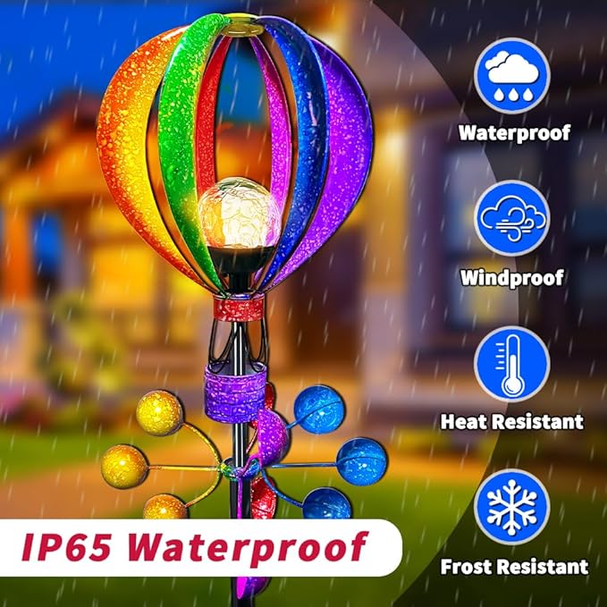 Solar Wind Spinner Outdoor - Hot Air Balloon Wind Spinners, Metal Garden Decor with LED Lights, 360° Rotating Waterproof Yard Decorations, Solar Powered for Day & Night, Lawn & Patio Windmill