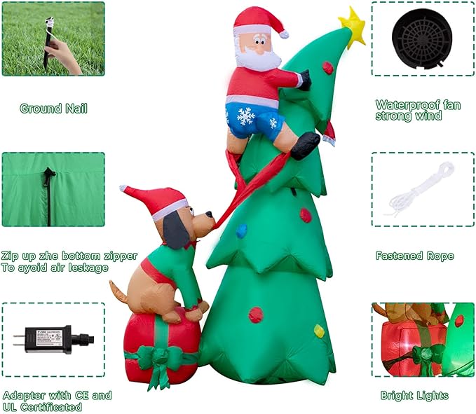 Hioasis 7 FT Christmas Inflatable Decorations - Outdoor Inflatables with Santa Claus Christmas Tree and Dog- Party Decoration for Indoor&Outdoor Courtyards Suitable for Christmas/Party/Yard