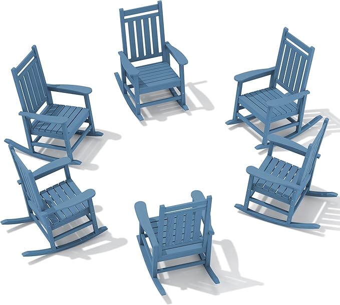 SERWALL HDPE Outdoor Rocking Chair Set of 6, Patio Rocking Chairs for Adults, All Weather Outdoor Rockers for Lawn, Blue