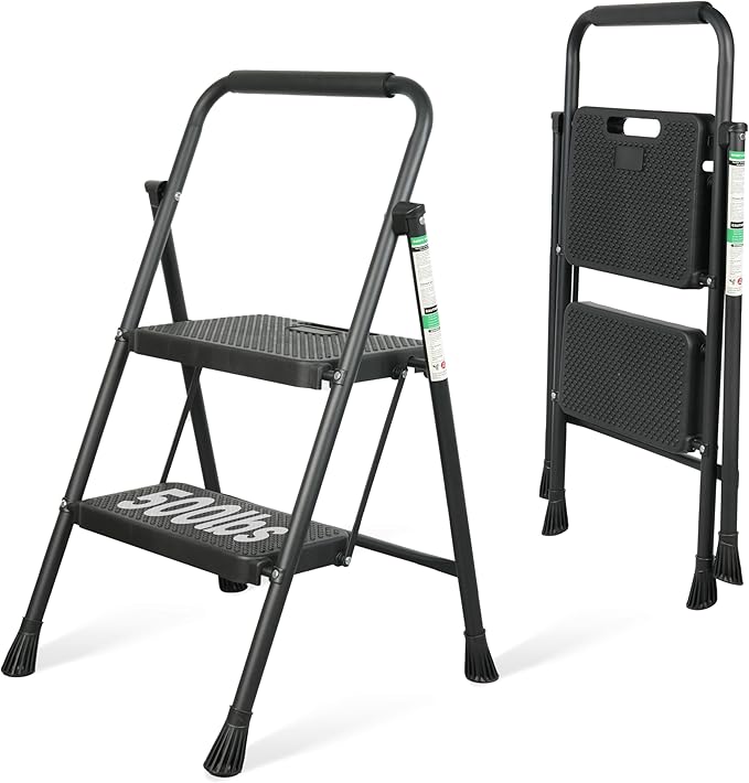 2 Step Ladder, Portable Steel Folding Step Stool with Wide Anti-Slip Pedal & Convenient Handgrip, 500lbs Sturdy Steel Ladder, Black