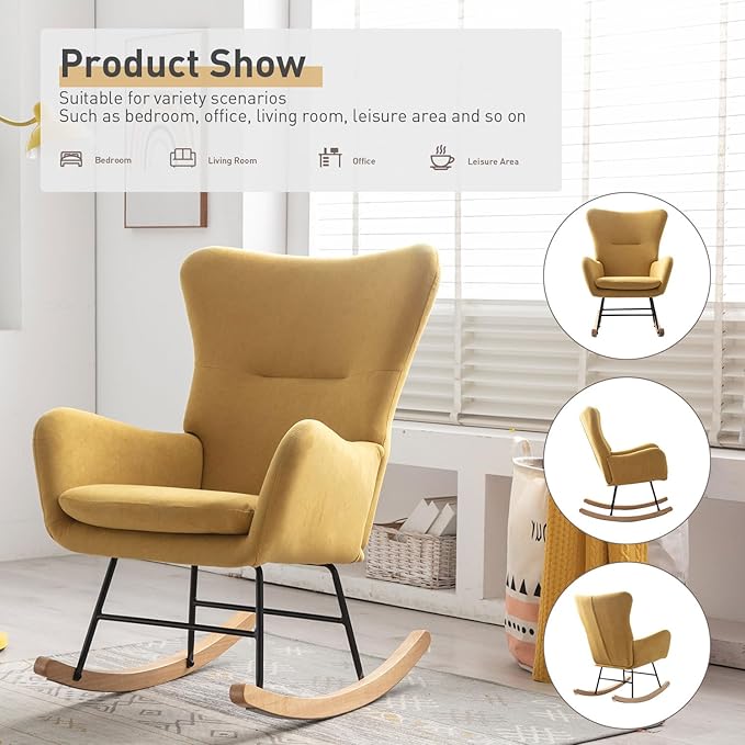 Phoenix Home Rocking Chair Nursery Velvet Upholstered Glider Rocker Rocking Accent Chair Padded Seat with High Backrest Armchair Comfy Side Chair for Living Room Bedroom Offices, Yellow