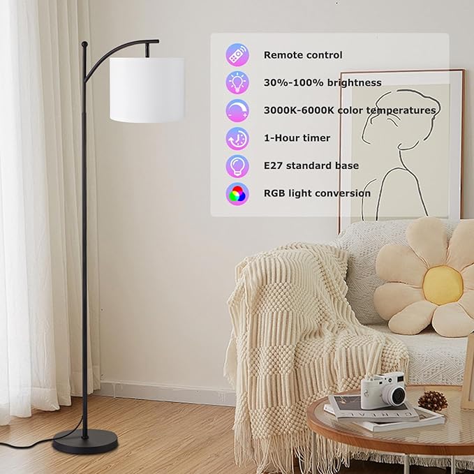 Ambimall Floor Lamps with Smart Light Bulb, RGB + Color Temperatures Bright Dimmable Smart Floor lamp(White Shade & Black Pole)