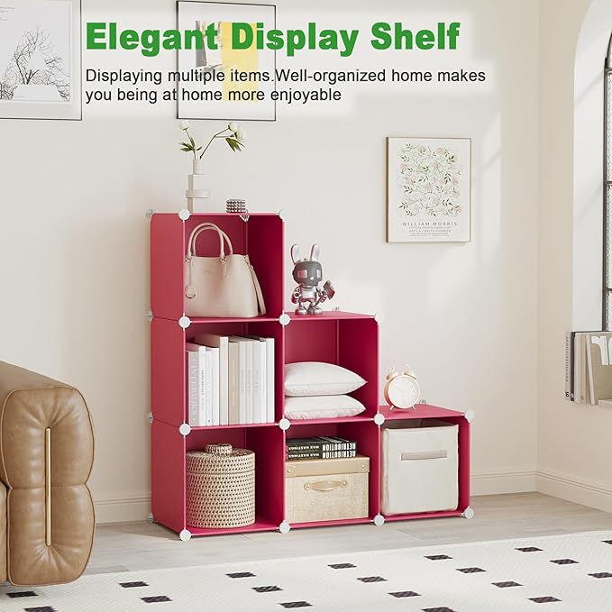 C&AHOME 6-Cube Storage Organizer, Stackable Storage Cubes Shelves, Portable Bookshelf, Plastic Clothing Storage Closet Organizer, DIY Modular Shelving Units for Wardrobe, Home, Red