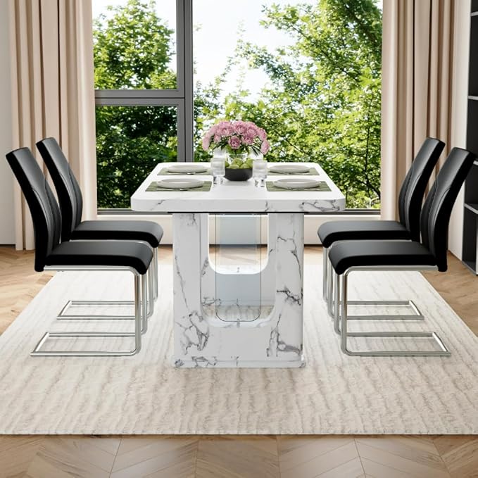 64.5" White Dining Table Set for 4, Modern Kitchen Table and Chairs Set with PU Leather Cushioned Chairs & Decorative Pedestal Base, 5 Piece Marble Pattern Dining Table Set for Dining Room or Kitchen