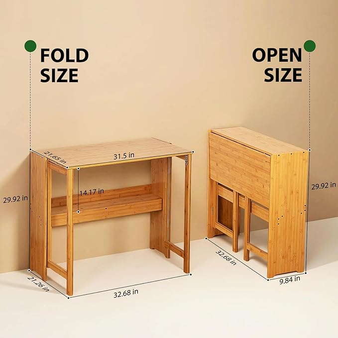31.5" Bamboo Folding Desk,Space-Saving Computer Desk for Small Spaces, Foldable Study Table for Bedroom, Home Office, Dorm, Apartment（Natural）