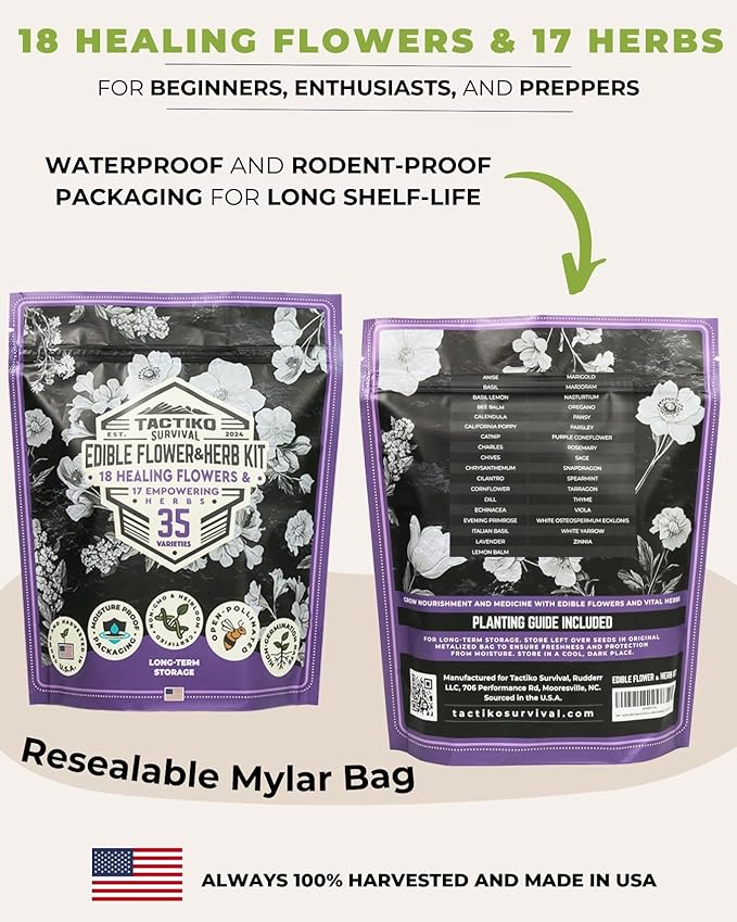 35 Tactiko Edible Flower & Herb Seeds Kit Variety - USA Grown Heirloom Non-GMO Open-Pollinated Seeds for Planting - Indoor Outdoor Gardening - Survival Long-Term Storage - Resealable Mylar Bag