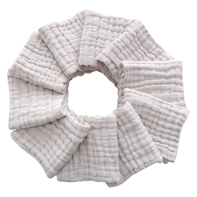 MUKIN Baby Washcloths - Natural Cotton Baby Wipes - Soft Newborn Face Towel for Sensitive Skin - 10 Pack, 12x12 inches