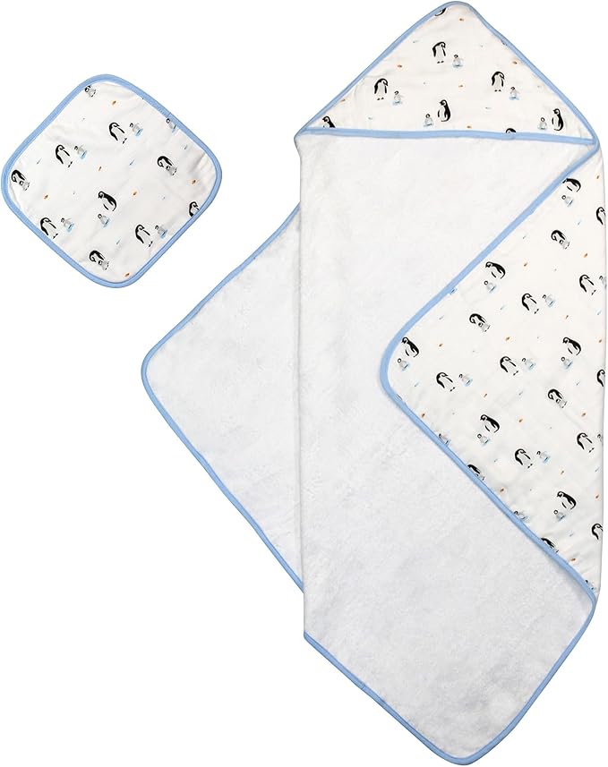 Bamboo Viscose Baby Hooded Towel & Washcloth Set for Babies and Toddlers, Soft & Absorbent, 70% Viscose from Bamboo, 30% Cotton Muslin - Imported (Penguin)
