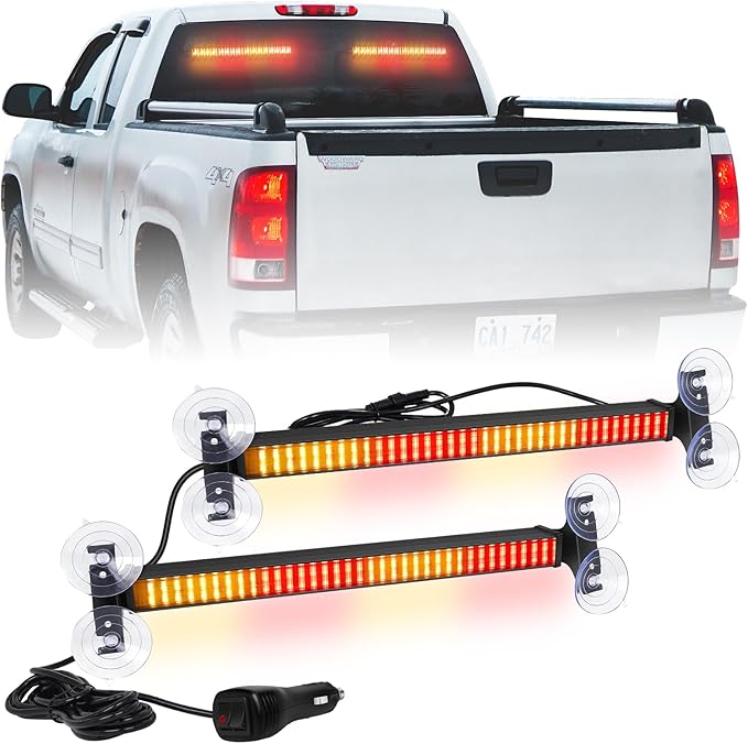 XRIDONSEN 2 in 1 Amber Red Traffic Advisor Light Bar 144 LED Warning Safety Interior Front/Rear Emergency Dash Windshield Strobe Lights for Firefighter Construction Vehicles Trucks Car (2x17.7 inch)