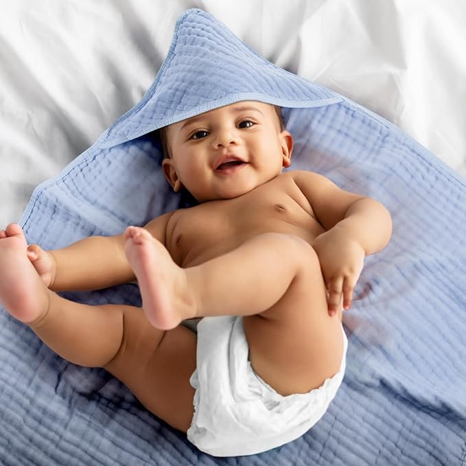 VitalCozy 6 Pcs Baby Muslin Hooded Bath Towels and Washcloths Muslin Cotton Hooded Baby Towels Absorbent Blankets for Gift Newborn Infant Shower (32 x 32 Inch,Dark Blue,Light Blue)
