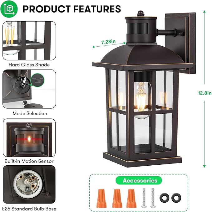 13in Motion Sensor Porch Light, Anti-Rust 100% Aluminum Dusk to Dawn Outdoor Light Fixtures, Exterior Wall Lantern Sconce Lighting Brown, Outside Lights for House Wall Mount for Entryway Garage