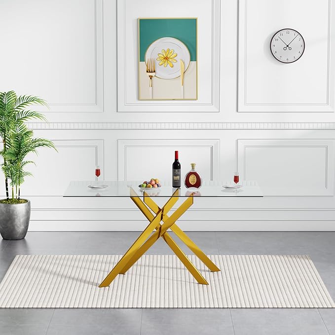 51" Rectangular Glass Dining Room Table for 4 with Tempered Glass Top and Gold Metal Legs, Modern Clear Kitchen and Dinner Table for Home Office Dining Room