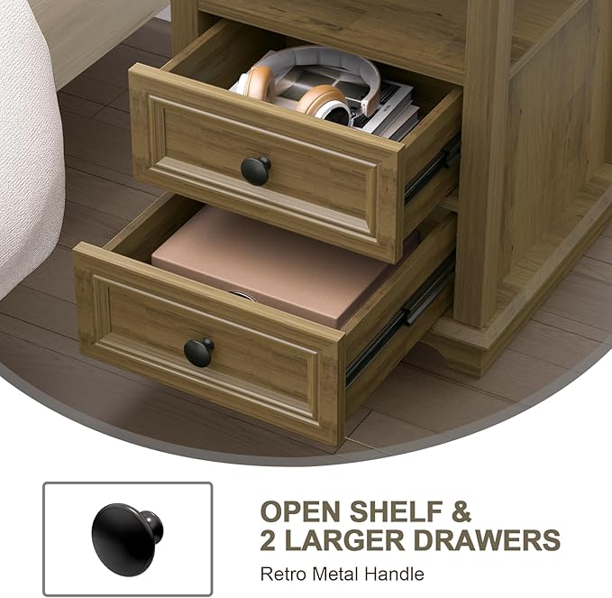 End Table with Fast USB C Charging Station, 18" Wide Sofa Side Table with 2 Drawers, Large Storage Rustic Wood Square Storage Cabinet for Living Room,Bedroom,Office, Light Brown