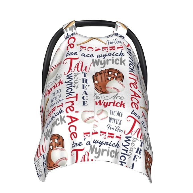 Personalized Baseball Sports Baby Car Seats Canopy for Babies with Name, Custom Monogram Car Seat Covers for Boys Girls, Opening Minky Nursing Breastfeeding Cover Infant Carseat Canopies for Newborn