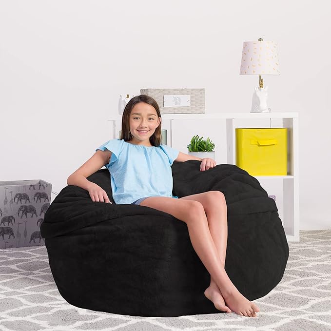 Chill Sack Bean Bag Chair - 5' Giant Memory Foam Lounge Chair with Soft Microfiber Cover – Cozy Furniture for Living Room, Dorm, & Kids' Rooms – Comfortable 5 Ft, Faux Rabbit Fur Lounge Sofa, Black