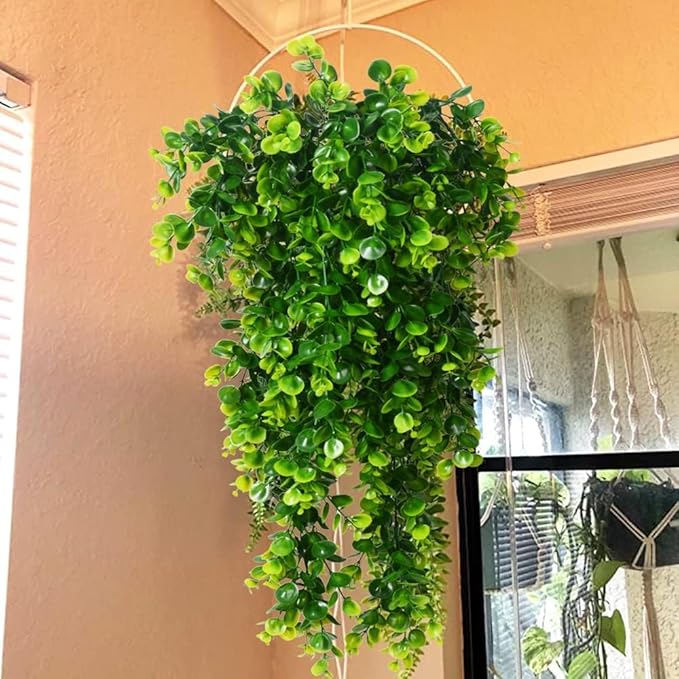 6pcs Artificial Hanging Plants Fake Hanging Plant Faux Eucalyptus Leaf Greenery Vine Outdoor UV Resistant Plastic Plants (6, Green)