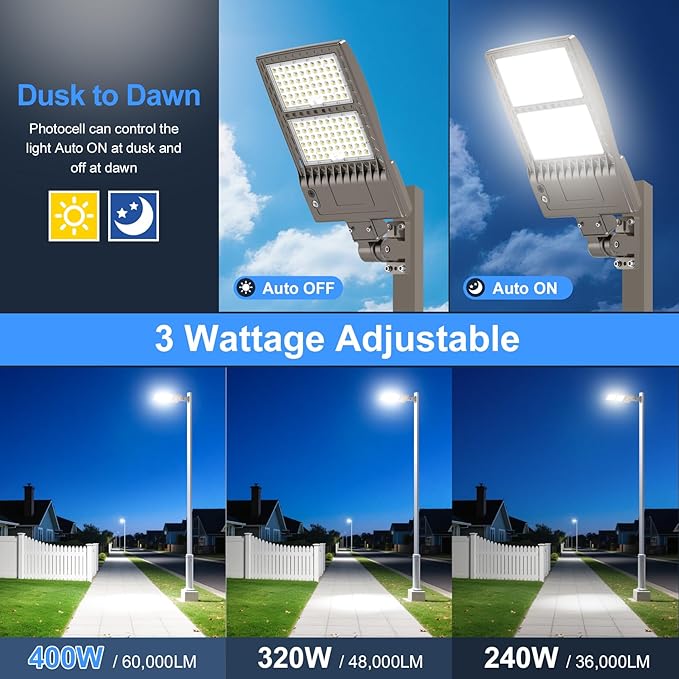 KUKUPPO 6Pack 400W LED Parking Lot Light Power Adjustable, Dusk to Dawn LED Shoebox Flood Pole Light Outdoor Parking Lighting Arm Mount 60,000LM 5000K IP65 Waterproof 100-277V UL Listed