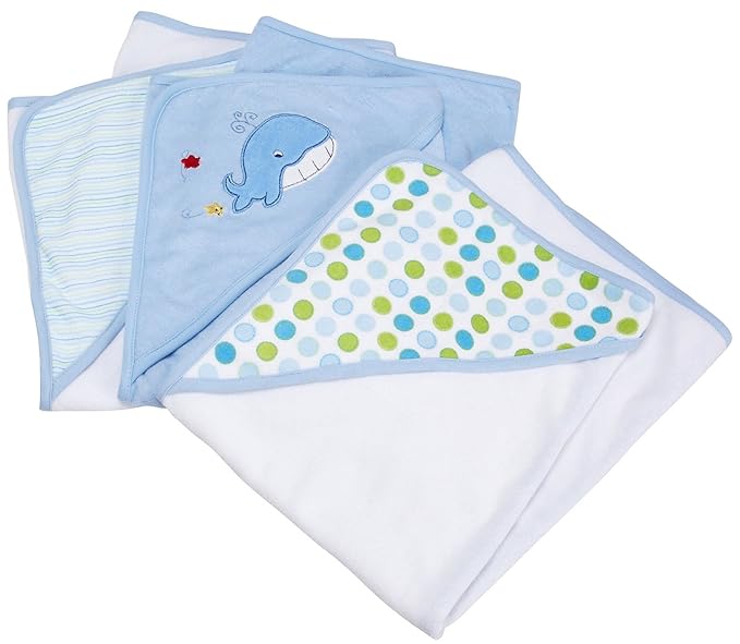 Spasilk Hooded Towel Set for Newborn Boys and Girls, Soft Terry Baby Towels, Baby Bath Essentials, Ideal, Blue Whale, Pack of 3