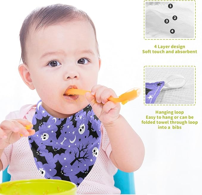 Halloween Bats Skull Baby Washcloths Newborn Muslin Burp Cloths 3 Pack Soft Cotton Baby Face Bath Towel Drool Bibs for Infants, Girls and Boys 11.8 x 11.8 Inch