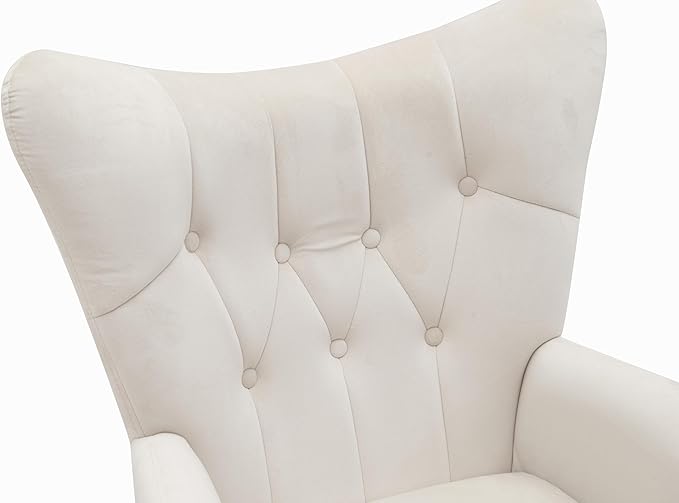 Container Furniture Direct Modern Chic Mid-Century Velvet Accent Armchair for Living Room, Bedroom, or Home Office, Button-Tufted Wingback Design with Gold Flared Legs, Ivory