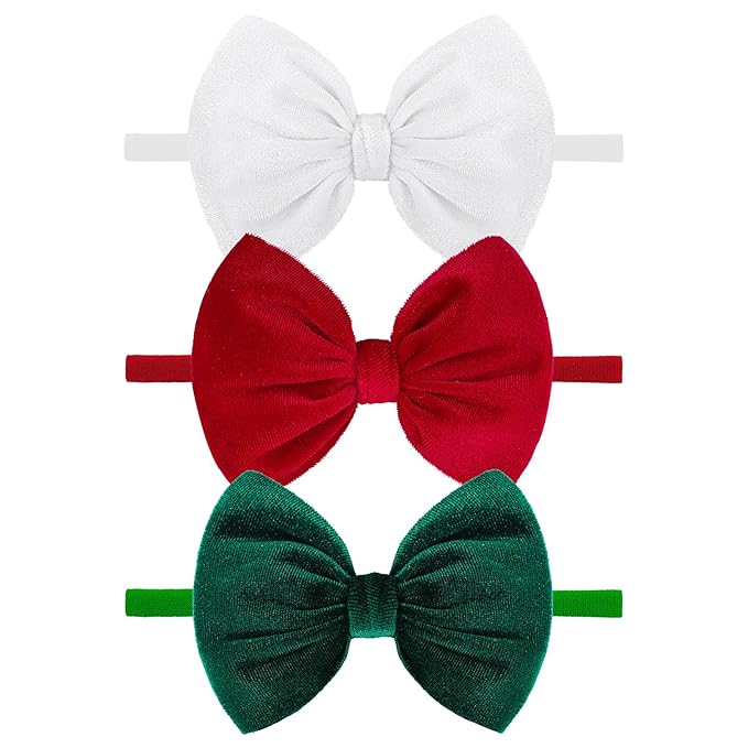 YanJie Hairband - Handmade Stretchy Nylon Hairbands with 3 Green-velvet Bows, Ideal for Baby Infants Toddlers Child, Unisex-B, 1 Count (Pack of 3)