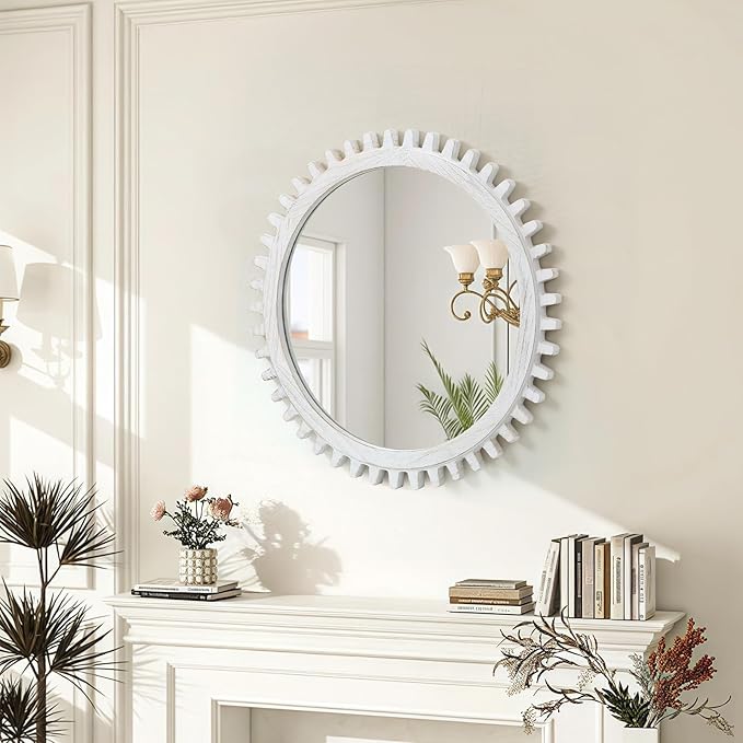 ULIKE Round Wood Mirror, 24 Inch Rustic Farmhouse Circle Mirror with Wooden Frame, Mordern Wall Decor for Bathroom Nursery Bedroom Living Room Entryway, White