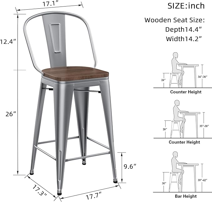 Yongqiang 26 inch Bar Stools Set of 4 Kitchen Counter Height Bar Chairs High Back Silver Metal Barstools with Large Wooden Seat