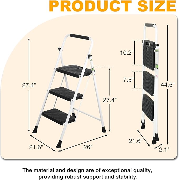 3 Step Ladder, Portable Steel Folding Step Stool with Wide Anti-Slip Pedal & Convenient Handgrip, 500lbs Sturdy Steel Ladder, White