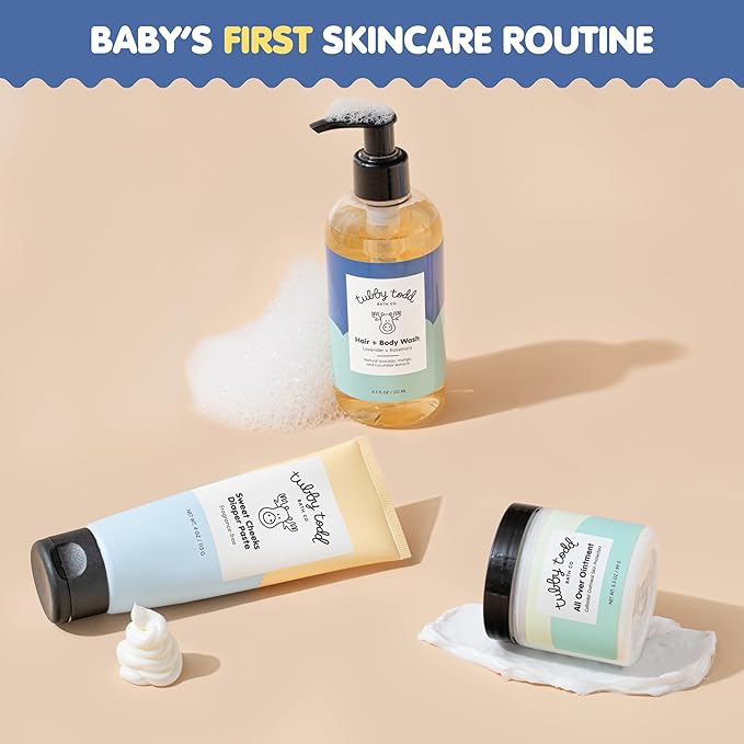 TUBBY TODD Baby Bundle Newborn Skin Care Set - Hypoallergenic Hair + Body Wash, All Over Ointment with Colloidal Oatmeal, Sweet Cheeks Diaper Paste - Fragrance-Free, Full Size