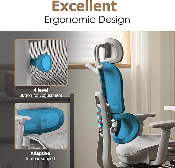 Ergonomic Mesh Office & Gaming Chair with Footrest, High Back Home Office Desk Chair, Comfortable Lumbar Support, 130° Tilt, Adjustable 3D Armrest & 2D Headrest (Grey)