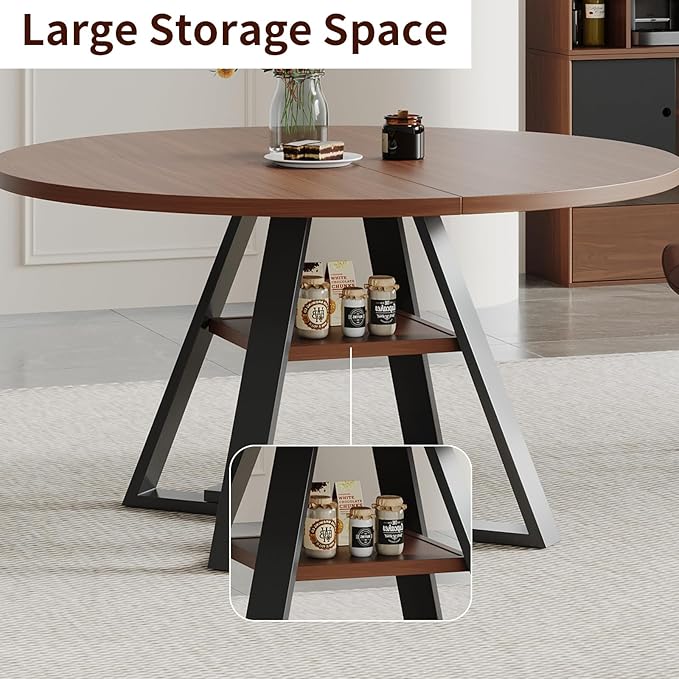 Walnut Round Dining Table Set for 4, Mid-Century Modern Kitchen Table and Chairs, Small Space Dining Room Furniture for Apartment, Breakfast Nook or Studio (Boxwood-Storage Table+4 Brown Chairs)