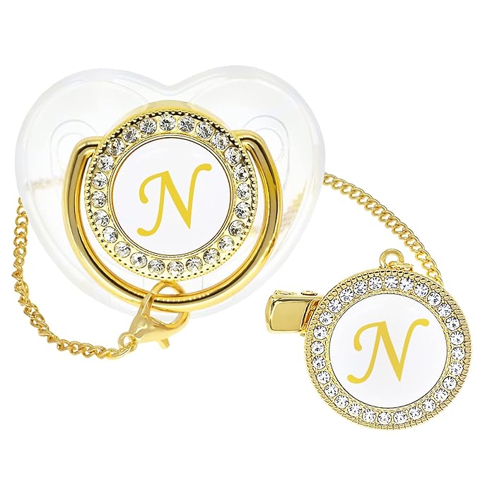 Bling Personalized Baby Pacifier with Pacifier Clips and Anti-dust Cover A-Z 26 Letters(Gold Transparent,N)