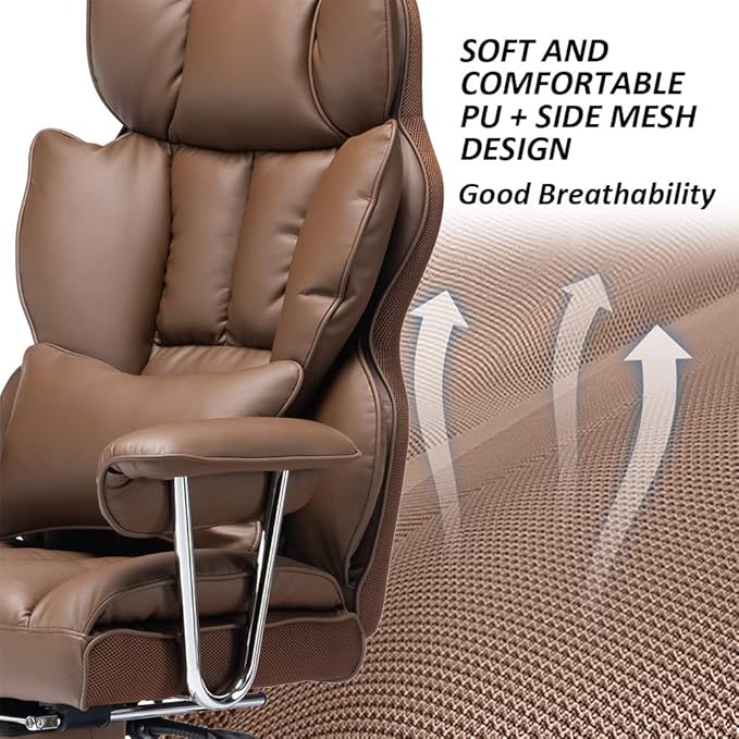 Efomao Big and Tall Office Chair 400lbs – High Back PU Leather Executive Chair with Lumbar Support, Footrest, Swivel Base, Padded Armrests, and Rolling Wheels for Home Office, Brown Computer Chair