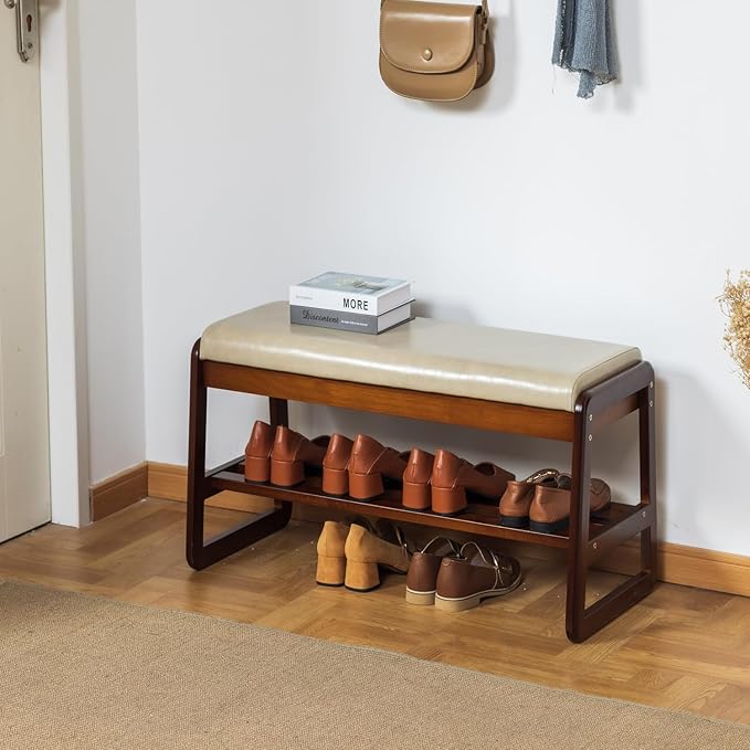 latifolia Solid Wood Bench, Entryway Shoe Bench with Cushion, Flip-Open Storage Compartment, 2-Tier Shoe Organizer(Grey,31.50''L)