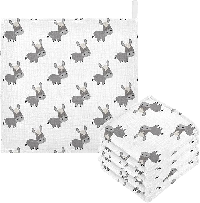 Cute Donkey Baby Washcloths Newborn Muslin Burp Cloths 3 Pack Soft Cotton Baby Face Bath Towel Drool Bibs for Infants, Girls and Boys 11.8 x 11.8 Inch