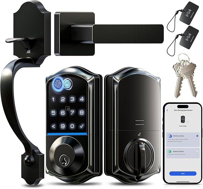 Veise VE017-H Fingerprint Smart Front Door Lock Set, App Control, 8-in-1 Keyless Entry Deadbolt with Zinc Alloy Handles, Emergency Power Port, Touchscreen Keypad, Auto Lock, Easy Install, Matte Black