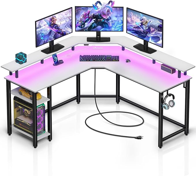 Rolanstar L Shaped Gaming Desk with LED Lights & Power Outlets, 53" Computer Desk with Full Monitor Stand & Storage Shelf, Corner Desk with Hooks, White Desk Reversible