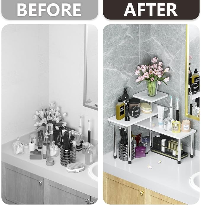 ZHWS Bathroom Counter Organizer Corner Shelf – Bathroom Organization Bamboo 3 Tier Spice Rack Makeup Organizer Bookshelf Space Saving Rack Kitchen Office Living Room (White)